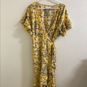 Max Studio Yellow Wrap Sundress with‎ Flutter Sleeves
